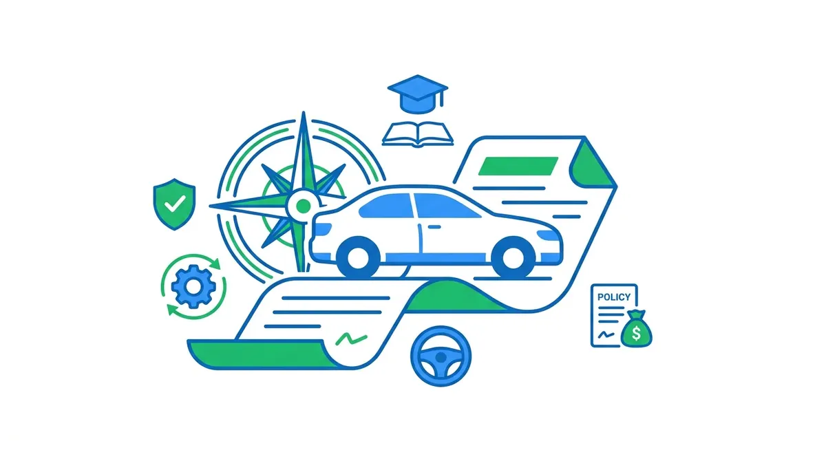 Ilustracja edukacyjna: dokumenty ubezpieczeniowe i pojazd w kontekście nauki dla nowych kierowców